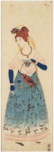 KITLV - 48M4 - Portrait of a European woman with a parrot on Dejima, Nagasaki - Coloured woodcut - Circa 1820