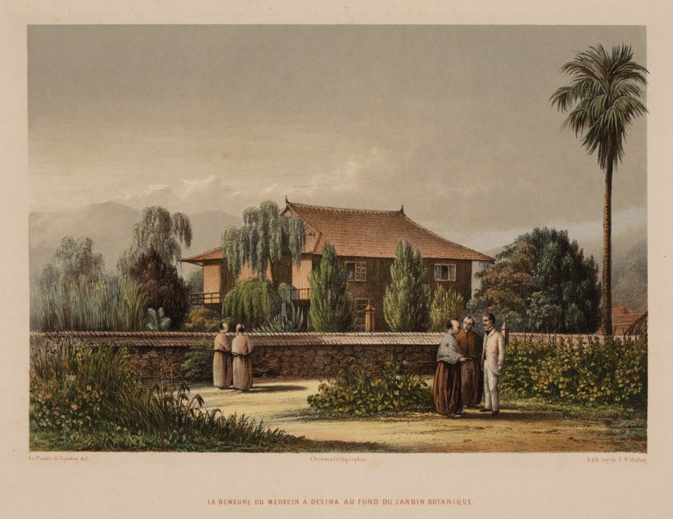 KITLV - 51T2 - Lijnden, Johan Maurits van - Mieling, C.W. - The house of the physician of Dejima at the rear of the botanical garden - Colour lithography - 1860-1866