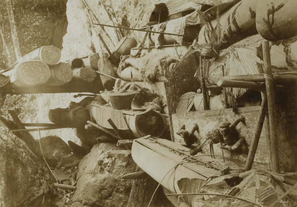 KITLV - 90982 - Demmeni, J. - Coffins at Cehan near Samarinda during the Borneo expedition led by Dr. A. W. Nieuwenhuis - 1898-1900