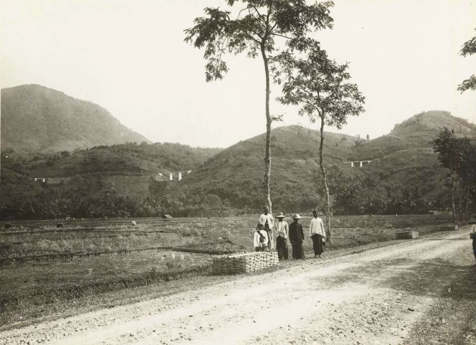 KITLV - 43942 - Kurkdjian, N.V. Photografisch Atelier - Soerabaia-Java - Road with a railway bridge on the railway line between Bandung Jogjakarta between Nagreg and Leles north of Garut - 1910-1916