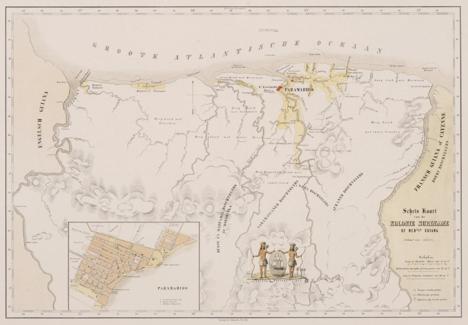 KITLV - 47D25 - Voorduin, Gerard Werner Catharinus (1830-1910) - Heemskerck van Beest, Jhr Jacob Eduard van - Sketched map of the colony Surinam, or Dutch Guiana - Colour lithography - 1860-1862