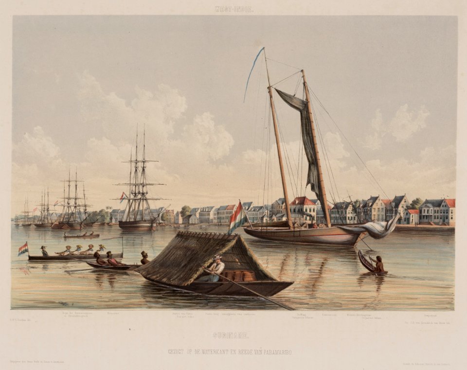 KITLV - 47D29 - Voorduin, Gerard Werner Catharinus (1830-1910) - Heemskerck van Beest, Jhr Jacob Eduard van - View of the Waterkant and roadstead of Paramaribo - Colour lithography - 1860-1862