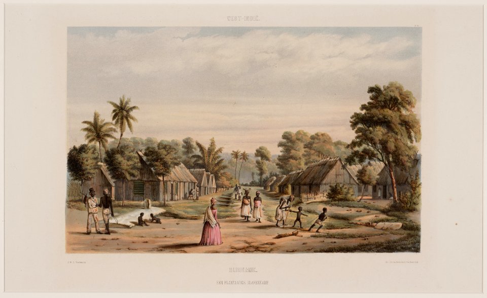 KITLV - 47D33 - Voorduin, Gerard Werner Catharinus (1830-1910) - Heemskerck van Beest, Jhr Jacob Eduard van - A plantation camp of slaves - Colour lithography - 1860-1862