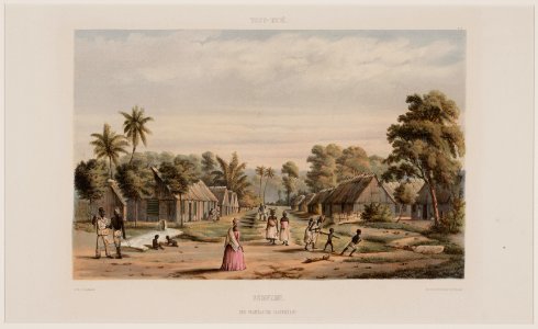 KITLV - 47D33 - Voorduin, Gerard Werner Catharinus (1830-1910) - Heemskerck van Beest, Jhr Jacob Eduard van - A plantation camp of slaves - Colour lithography - 1860-1862
