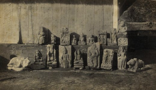 KITLV 106692 - Isidore van Kinsbergen - Sculptures from the Dijeng plateau, found around the temple ruins and lined up at the pasanggrahan Dieng in Wonosobo - 1864-07-1864-09