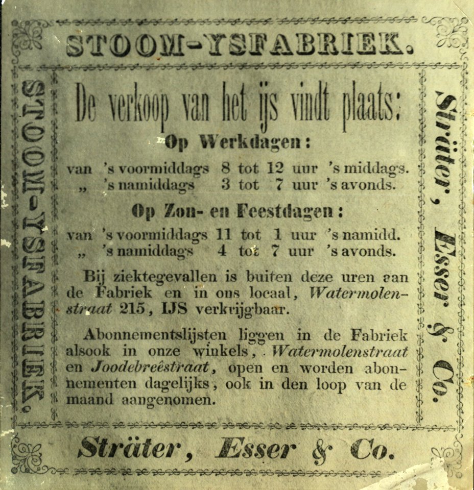 KITLV - 57103 - Billboard with information about the sale of ice from the steam ice factory of the Sträter, Esser & Co. firm, Paramaribo - circa 1891