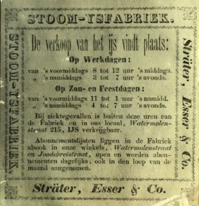 KITLV - 57103 - Billboard with information about the sale of ice from the steam ice factory of the Sträter, Esser & Co. firm, Paramaribo - circa 1891