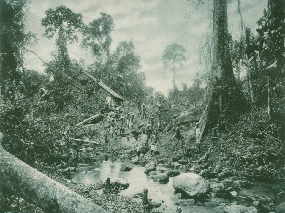 KITLV - 80225 - Kleingrothe, C.J. - Medan - Chinese workers clearing a forest for the construction of a road on the east coast of Sumatra - 1898