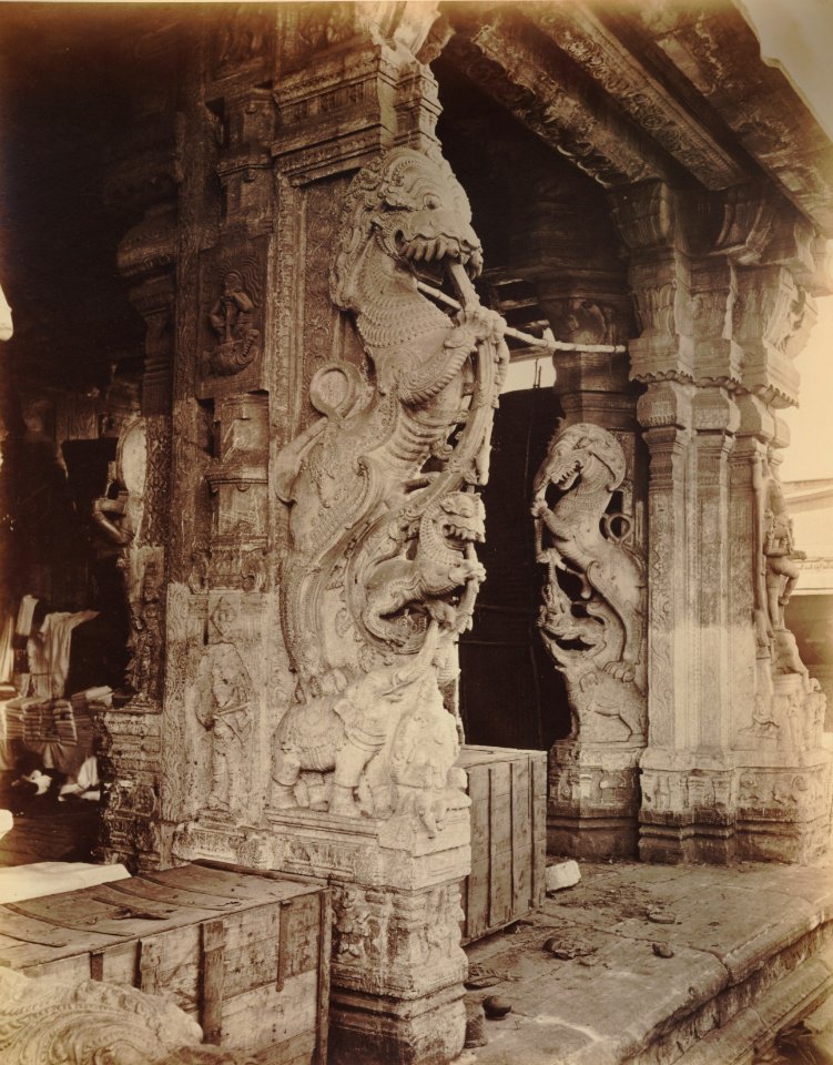 KITLV 92096 - Unknown - Pillars in the temple complex at the Meenakshi Sundareshvara temple complex at Madura in India - Around 1870
