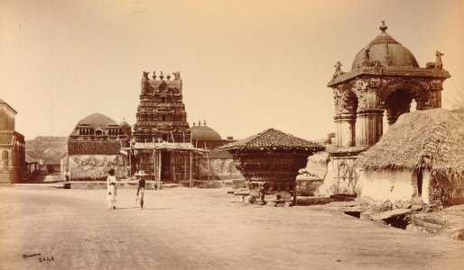 KITLV 92110 - Samuel Bourne - Temple cart on a road with a backdrop of a temple at Thanjavur in India - 1869 photo