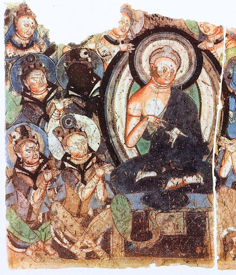 Kizil Caves, foreigners adoring the Buddha, Cave 182