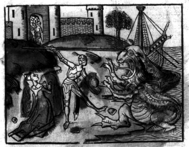 Knight in armor slaying dragon; woman kneeling LCCN2005692118