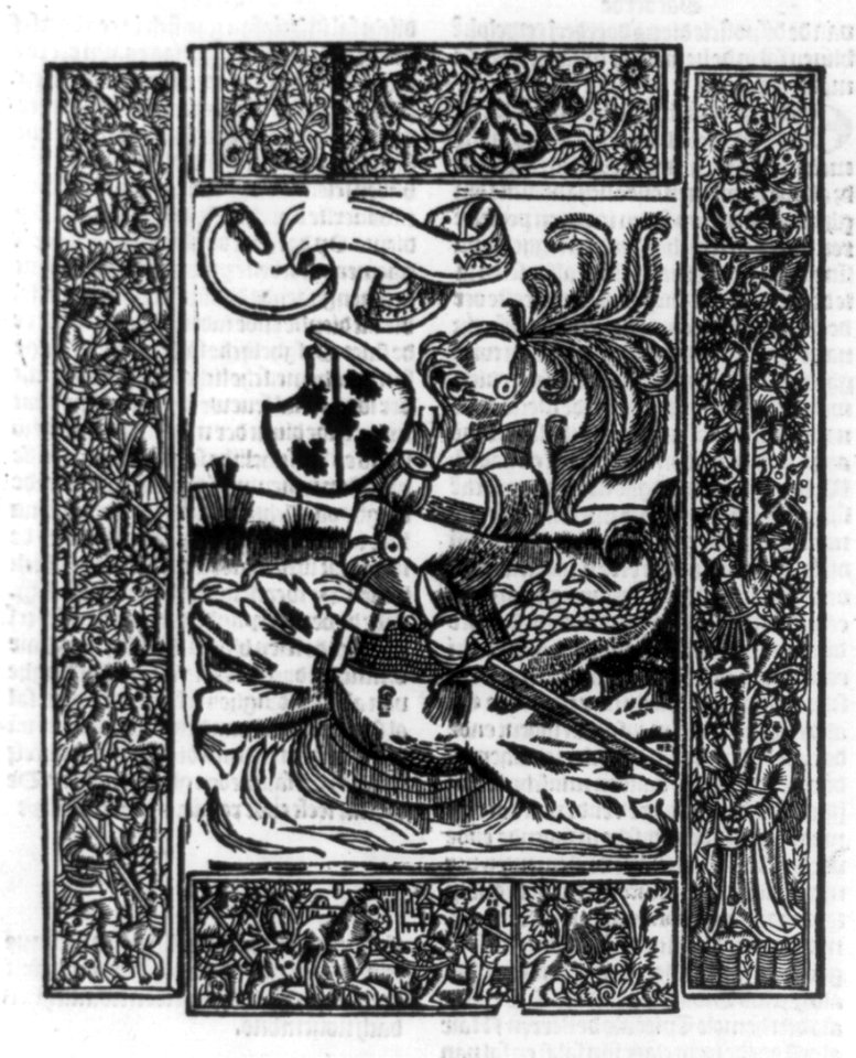 Knight in armor, with lower body of fish; bordered with hunting scenes LCCN2005692006