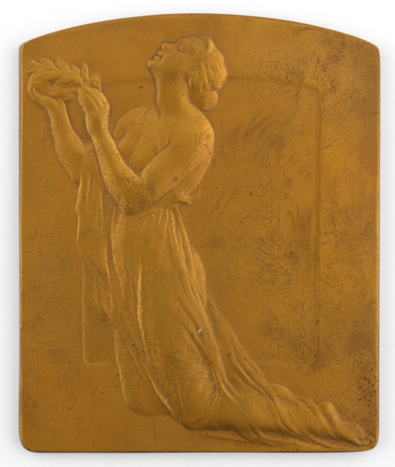 Knielende vrouw met lauwerkrans, plaquette by Pierre Theunis, Belgium, (1936), Coins and Medals Department of the Royal Library of Belgium, 2N114 - 15 (recto)