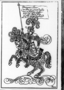 Knight on horseback - an example of the elaborate ornamentation found in books of calligraphy in the 18th Century LCCN2007681121