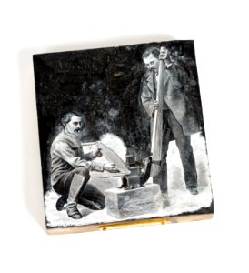 Kliché av män som arbetar med klipp- och stansmaskin, 1880 - Hallwylska museet - 108581