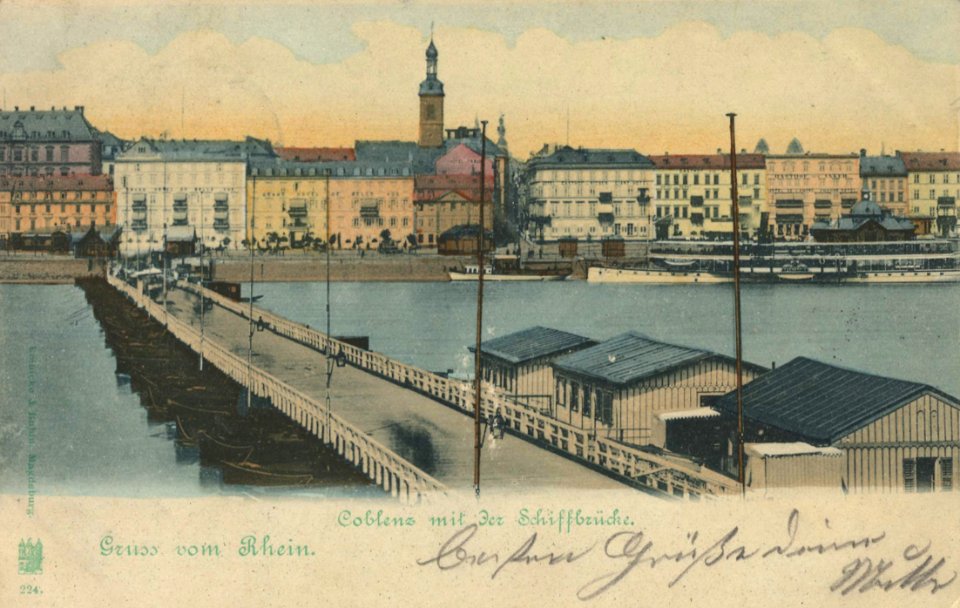 Koblenz (Rhein), Rheinland-Pfalz - Stadtansicht mit Schiffbrücke (Zeno Ansichtskarten)