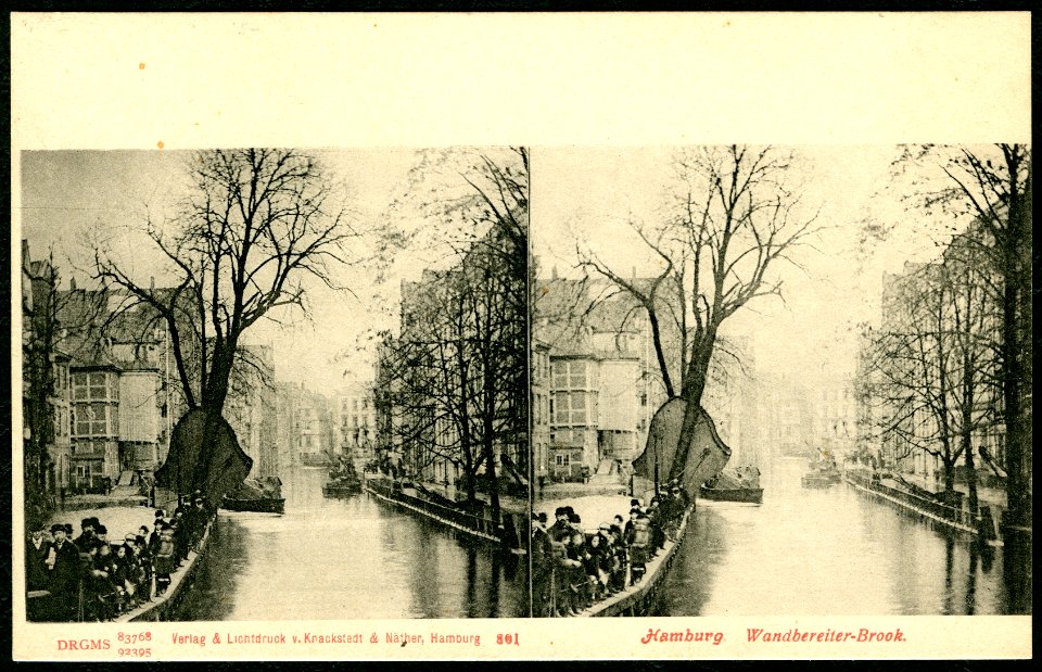 Knackstedt & Näther Stereoskopie 0801 Deutschland, Hamburg, Wandbereiter-Brook, Bildseite der Postkarte um 1900, DRGMs 83768 und 92395