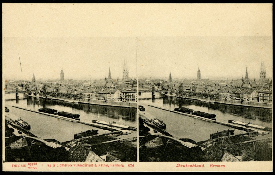 Knackstedt & Näther Stereoskopie 0876 Deutschland, Bremen, Bildseite, Blick von der Halbinsel Stadtwerder über die Weser in Richtung Wilhelm-Kaisen-Brücke, Tiefer, Osterdeich, um 1900 DRGMs 83768 und 92395