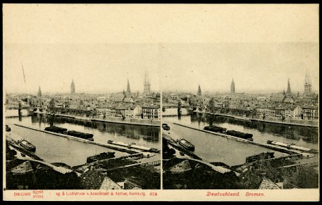 Knackstedt & Näther Stereoskopie 0876 Deutschland, Bremen, Bildseite, Blick von der Halbinsel Stadtwerder über die Weser in Richtung Wilhelm-Kaisen-Brücke, Tiefer, Osterdeich, um 1900 DRGMs 83768 und 92395