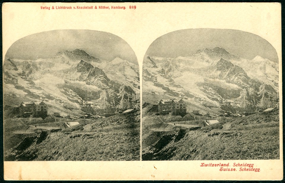 Knackstedt & Näther Stereoskopie 0889 Zwitzerland. Suisse. Scheidegg, Bildseite mit der Gletscher-Ausdehnung um 1900
