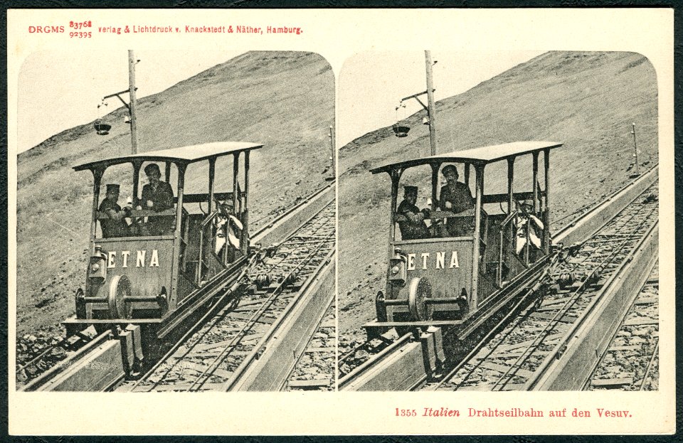 Knackstedt & Näther Stereoskopie 1355 Italien. Drahtseilbahn auf den Vesuv. Bildseite