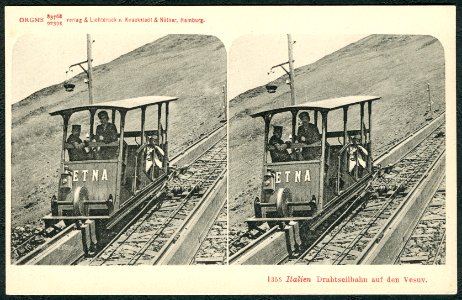 Knackstedt & Näther Stereoskopie 1355 Italien. Drahtseilbahn auf den Vesuv. Bildseite