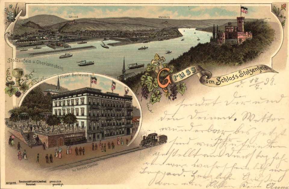 Koblenz (Rhein), Rheinland-Pfalz - Stadtansicht mit Schloß Stolzenfels; Hotel Bellevue (Zeno Ansichtskarten)