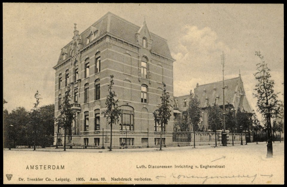 Koninginneweg 1 hoek van Eeghenstraat. Links een deel van het Vondelpark. Uitgave Dr. Trenkler co. Leipzig, Afb PRKBB00489000004