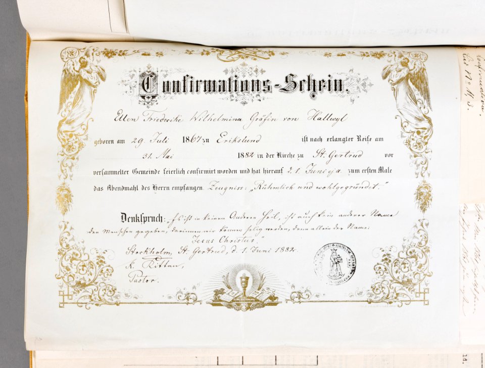 Konfirmationsbrev. Ellen von Hallwyl - de Maré - Roosval. 1882 - Hallwylska museet - 85929
