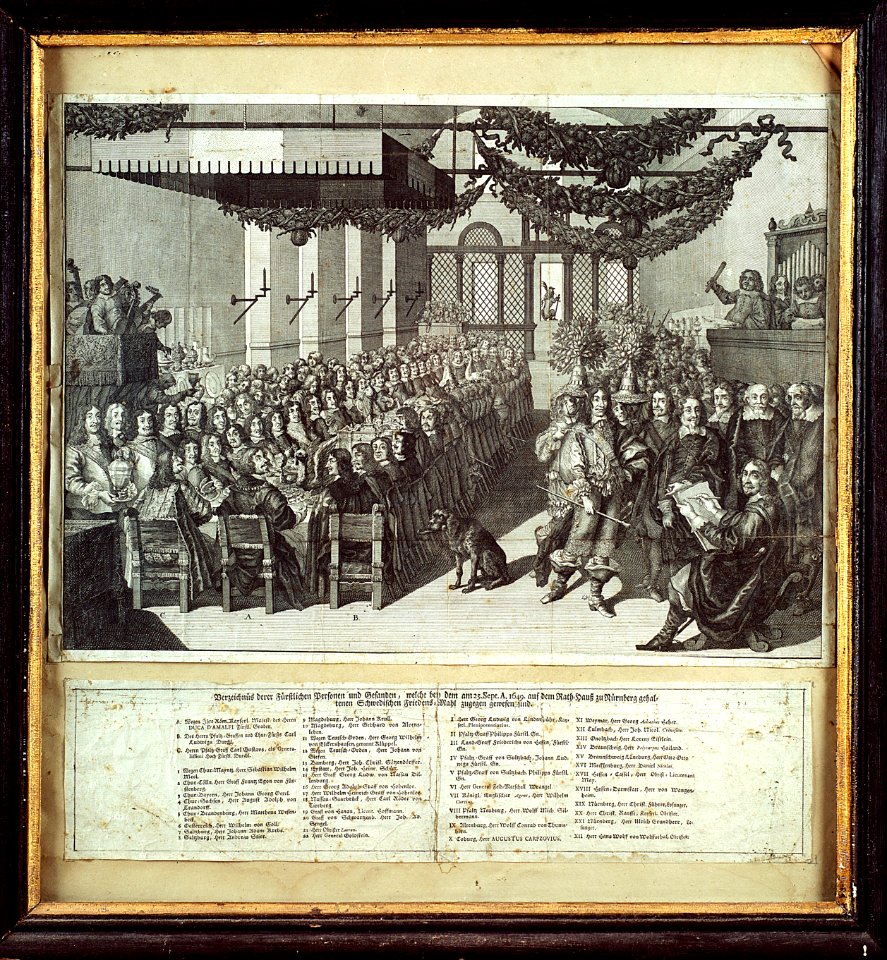 Kopparstick från 1650-1662, som visar de vid fredsmåltiden i Nürnbergs rådhus 25 Sept. 1649 - Skoklosters slott - 5329