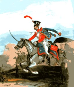 Korporal der Ordonnanz-Husaren des Großherzogtums Sachsen-Weimar um 1840. Sie wurden gleichzeitig als Gendarmerie verwandt. Die Uniformierung war der der preußischen Ziethen-Husaren nachempfunden