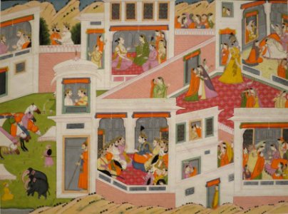 Krishna Rushes to Satyabhama's Palace, workshop of Purkhu, Honolulu Museum of Art