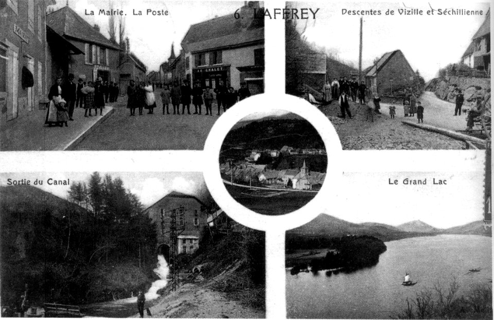 Laffrey, carte postale 1910, la mairie, la poste, descentes de vizille et Séchillienne, sortie du canal, le Grand Lac, p 110 de L'Isère les 533 communes