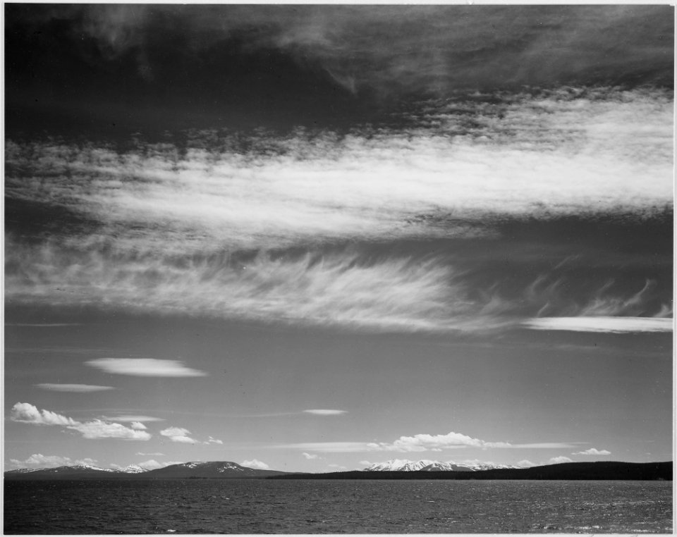 Lake, narrow strip of mountains, low horizon, Yellowstone Lake, Yellowstone National Park, Wyoming., 1933 - 1942 - NARA - 519995