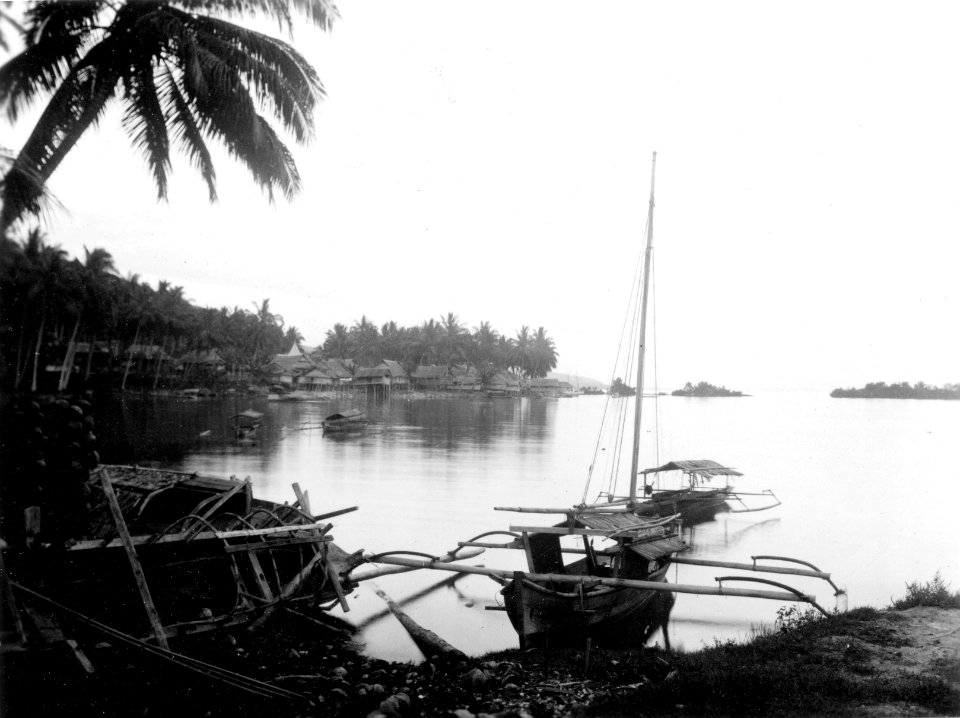 Lagun mellan korallrev och strand. På stranden t.v. kokosnötter upphängda till torkning. Luwuk - SMVK - 000252