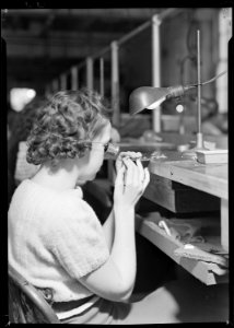 Lancaster, Pennsylvania - Hamilton Watch. Operation - burring - skilled inspection work - as a result of certain... - NARA - 518430