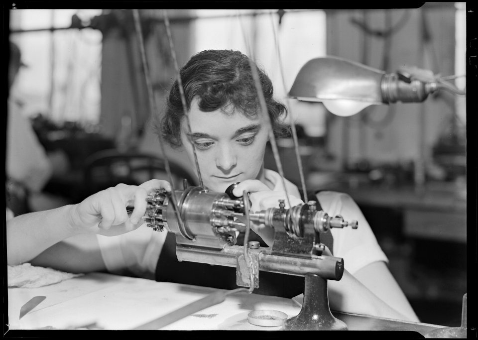 Lancaster, Pennsylvania - Hamilton Watch. Turret head operation - semi-skilled machine operation by which drilling... - NARA - 518431