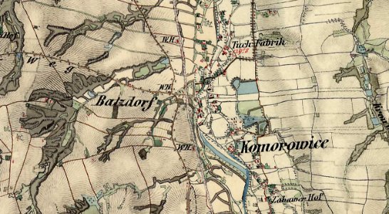 Map of Komorowice (Batzdorf), district of Bielsko-Biała, 1855
