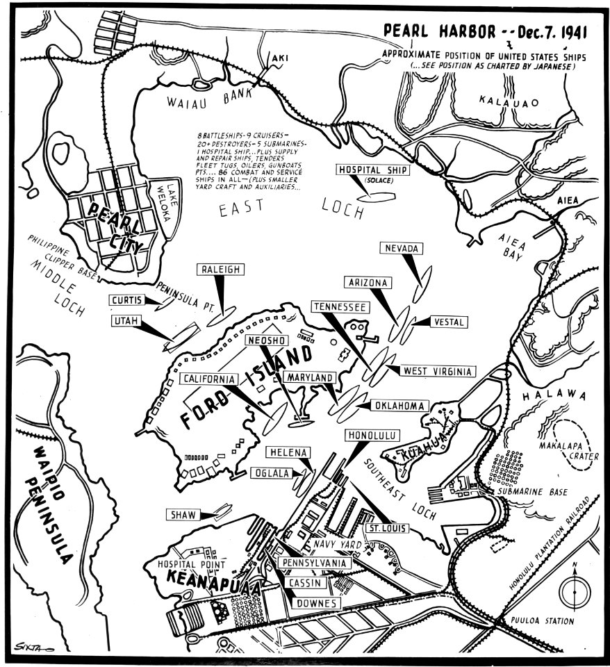 Map of Pearl Harbor, Hawaii, with approximate position of ships on 7 December 1941 (80-G-47105)