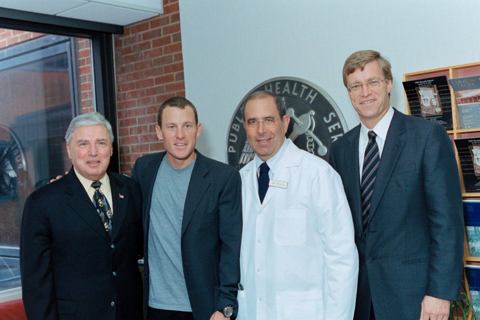 Lance Armstrong with Dr. Andrew von Eschenbach, Dr. John Gallin and an unidentified official, National Institute of Health (27246048954)