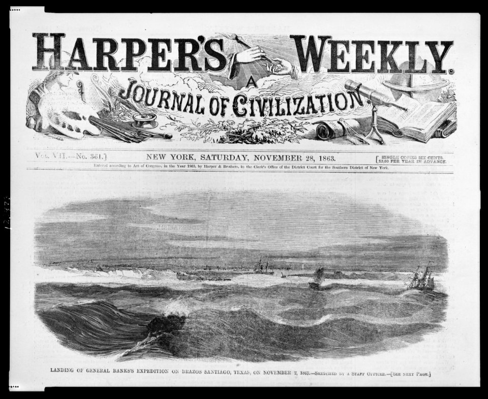 Landing of General Banks's expedition on Brazos Santiago, Texas, on November 2, 1863 - sketched by a staff officer. LCCN99404889