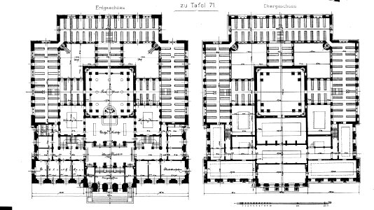 Landesbibliothek in Straßburg, 1889-1894 Architekten Skjold Neckelmann und August Hartel, Grundriss, Tafel 72, Kick Jahrgang I