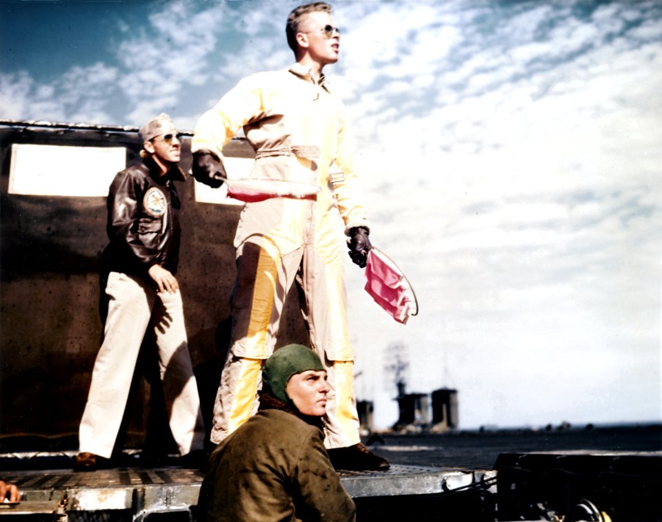 Landing Signal Officer aboard USS Belleau Wood (CVL-24), circa in 1945 (80-G-K-5186)