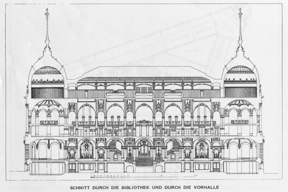 Landesgewerbemuseum Stuttgart, Schnitt durch die Bibliothek und durch die Vorhalle, 1898