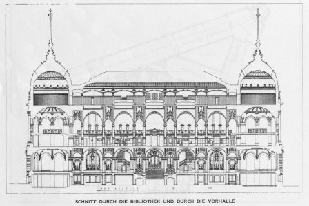Landesgewerbemuseum Stuttgart, Schnitt durch die Bibliothek und durch die Vorhalle, 1898