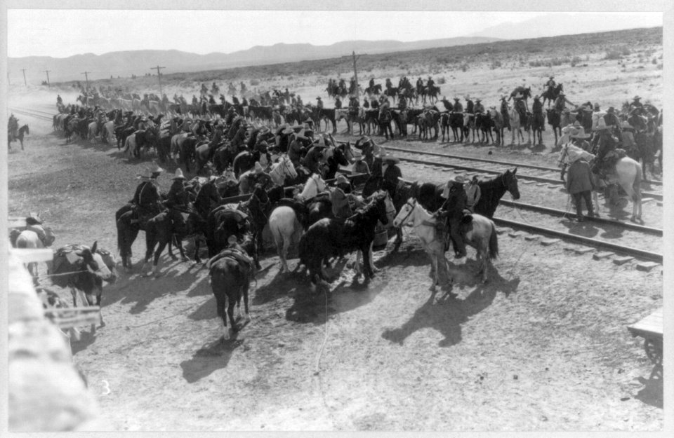 Large group of mounted insurrectos at railroad station Tierra Blanca, Mexico LCCN2007677281