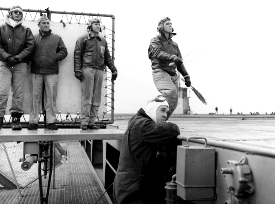Landing Signal Officers aboard USS Sable (IX-81), in May 1945 (80-G-354748)