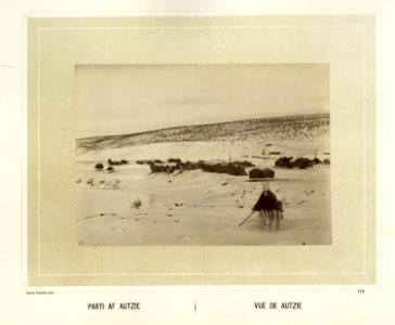 Landskap med bebyggelse og høystakker, luôvve. Parti av Avzi-Autzie. Fjellvidde med skog - Norsk folkemuseum - NF.15006-117