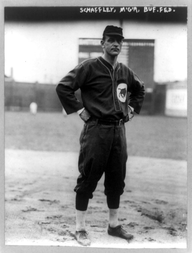 Larry Schlafly, manager of the Buffalo (Fed.), full-length portrait, standing, facing front, in baseball uniform LCCN90706256